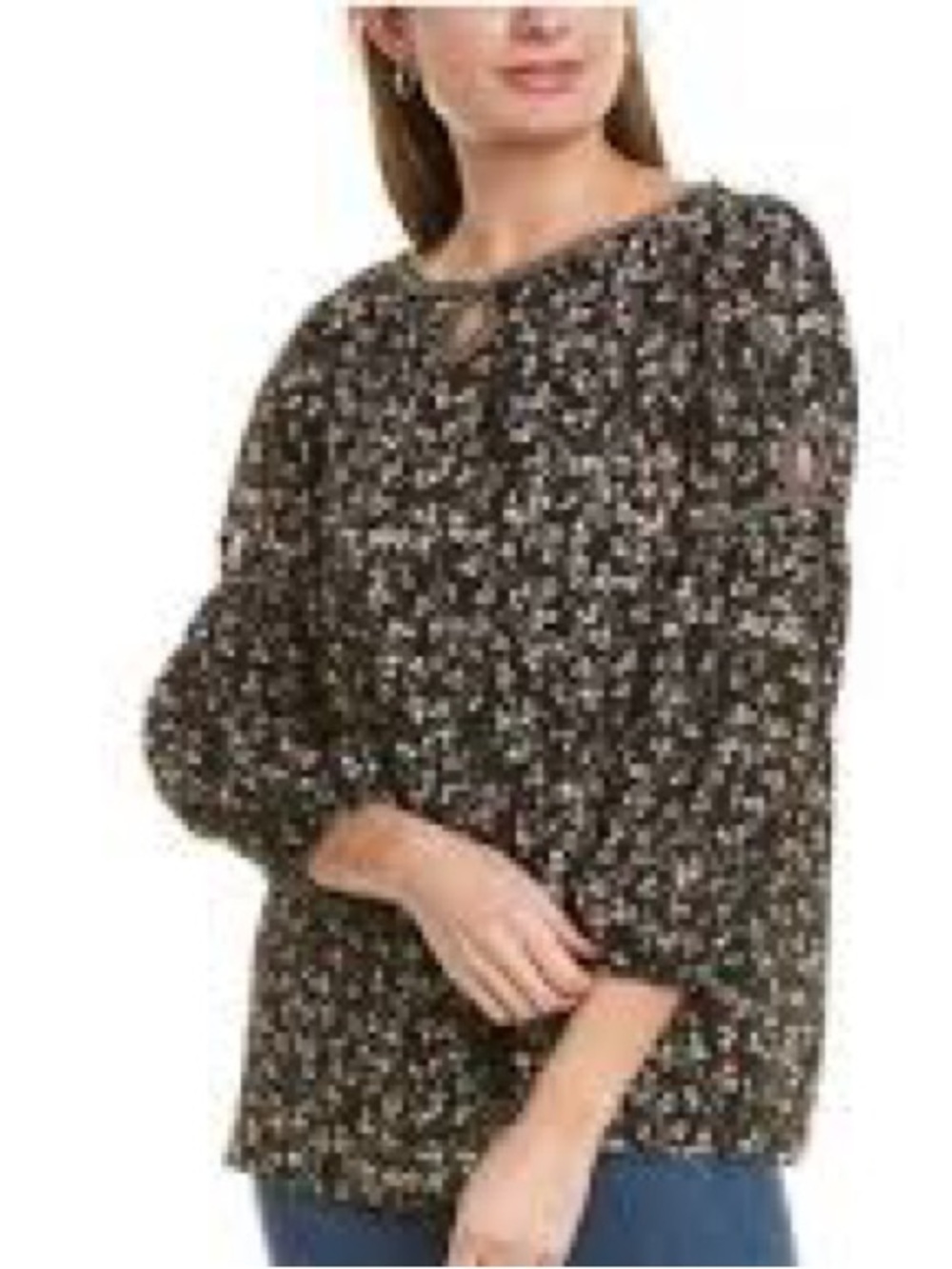 Max Studio Navy Blue Floral Bishop-Sleeve Blouse